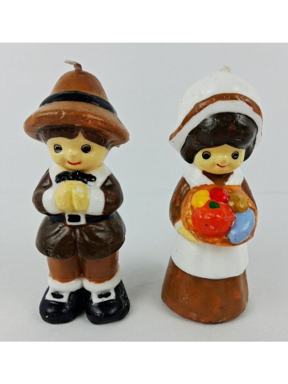 VTG Gurley Pilgrim Couple Thanksgiving Candles Hand-Painted Boy & Girl 1970s Unb